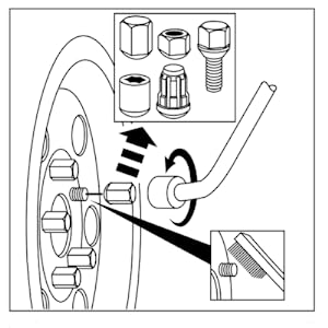 Remove one lug nut from each wheel